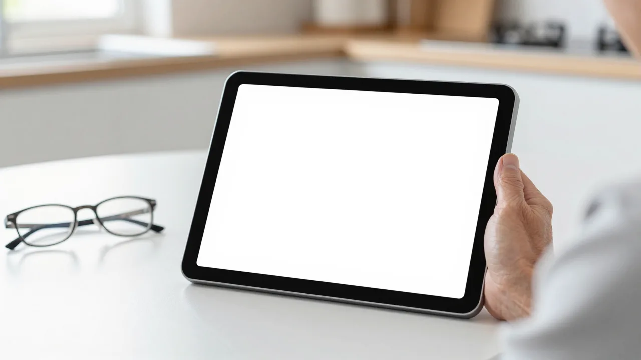 Older adult using a tablet with large on-screen elements at a bright kitchen table, reading glasses resting nearby