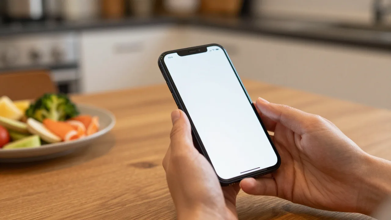 Close-up of a customer's hands holding a smartphone at a kitchen table while deciding on a dinner order