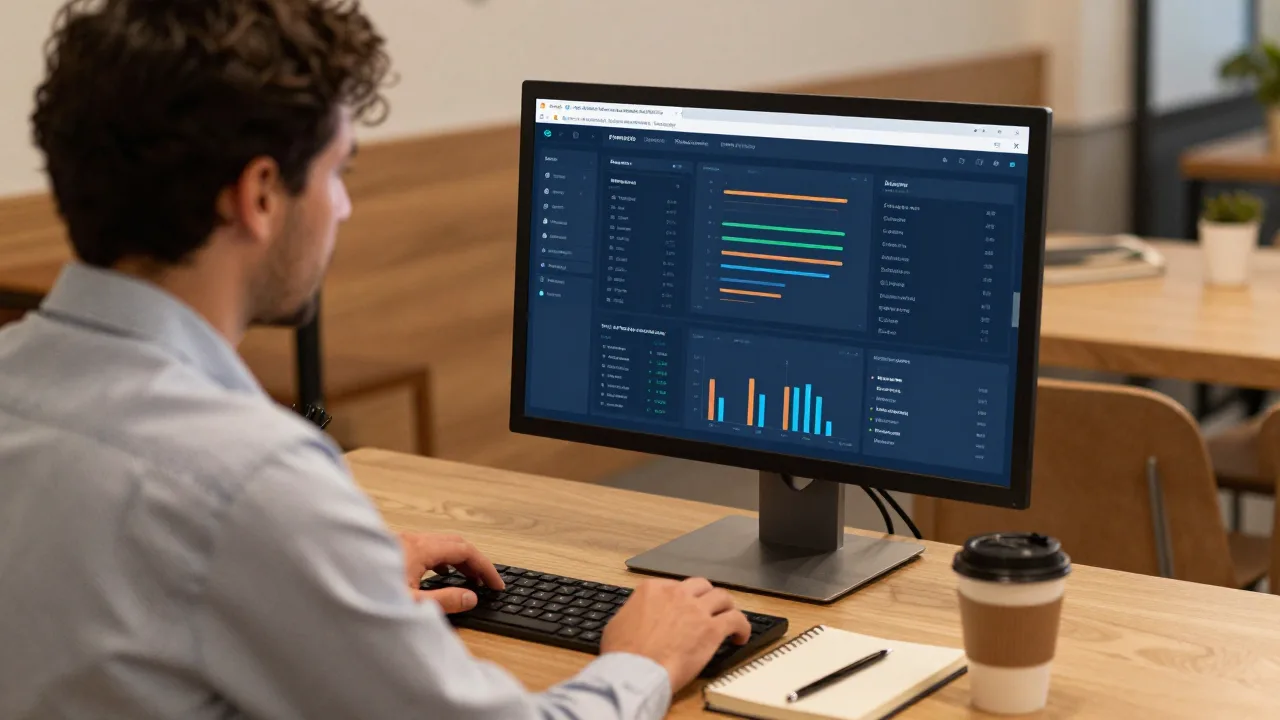 Marketing manager at a small restaurant office desk reviewing an order-recovery dashboard on a monitor, notebook and coffee beside the keyboard