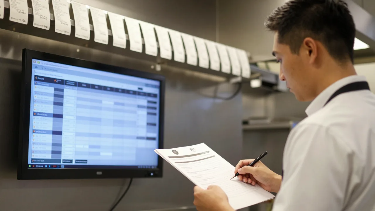 Restaurant expeditor reviewing a prep sheet beside a screen showing the day's order queue above the pass