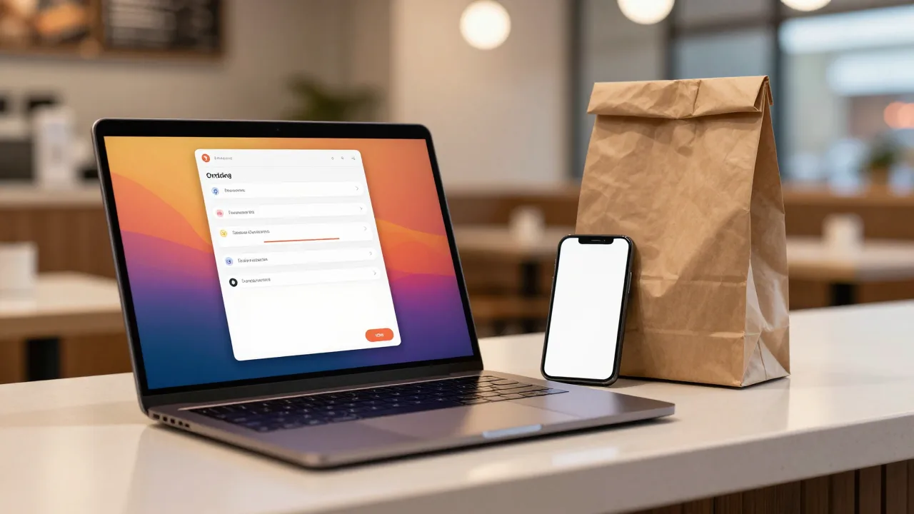 Laptop and smartphone on a restaurant counter beside a bagged takeout order, showing a direct online ordering interface